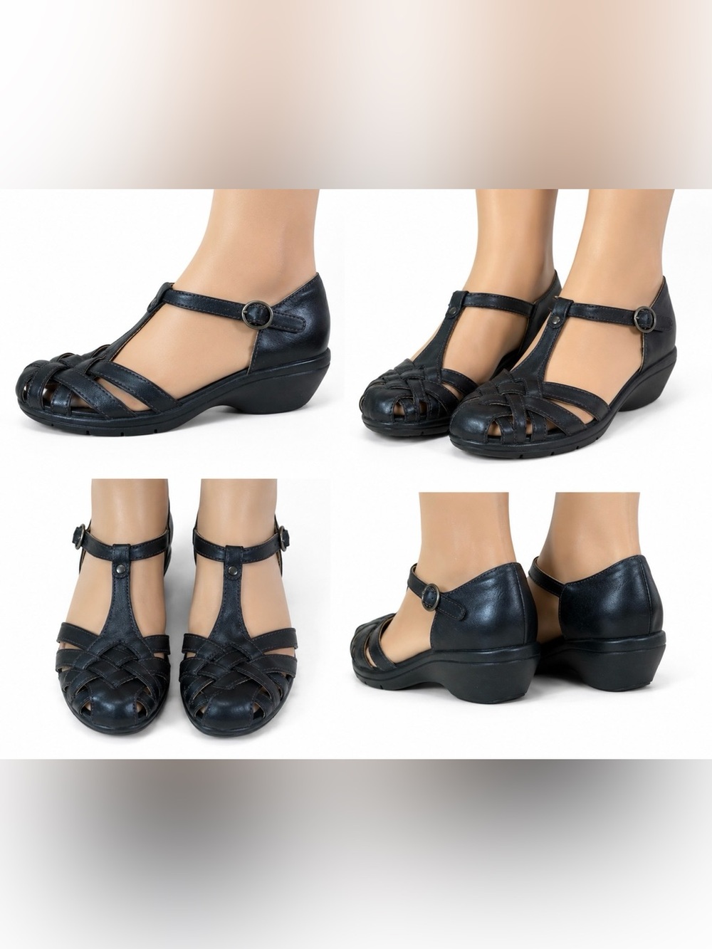 Clarks UNstructured Black Leather T-Strap Wedge Lightweight Comfort Sandals